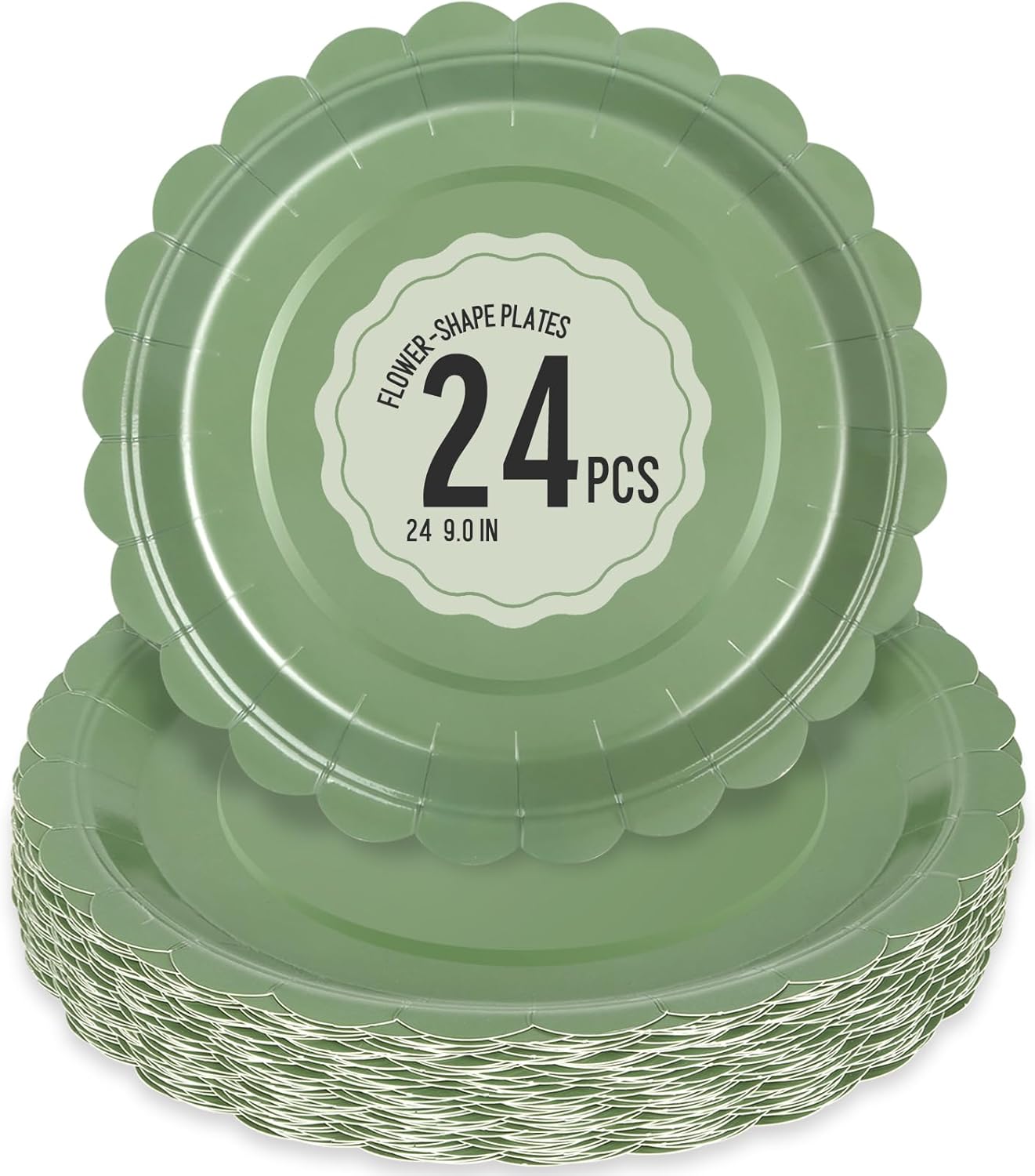 24 Pcs Sage Green Paper Plates 9 Inch Scalloped Dessert Plates - Disposable Sage Green Cake Plate - Baby Shower Birthday Party Wedding Bridal Party Supplies