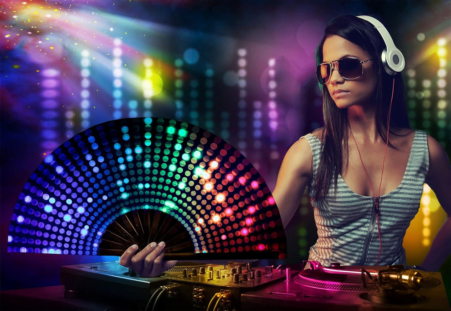 Amajiji Large Folding Hand Rave Fan Popping Fan for Line Dancing Clacking Fans for Boots On The Ground Dance,Party,Decoration,Festival (DJ Lighting)