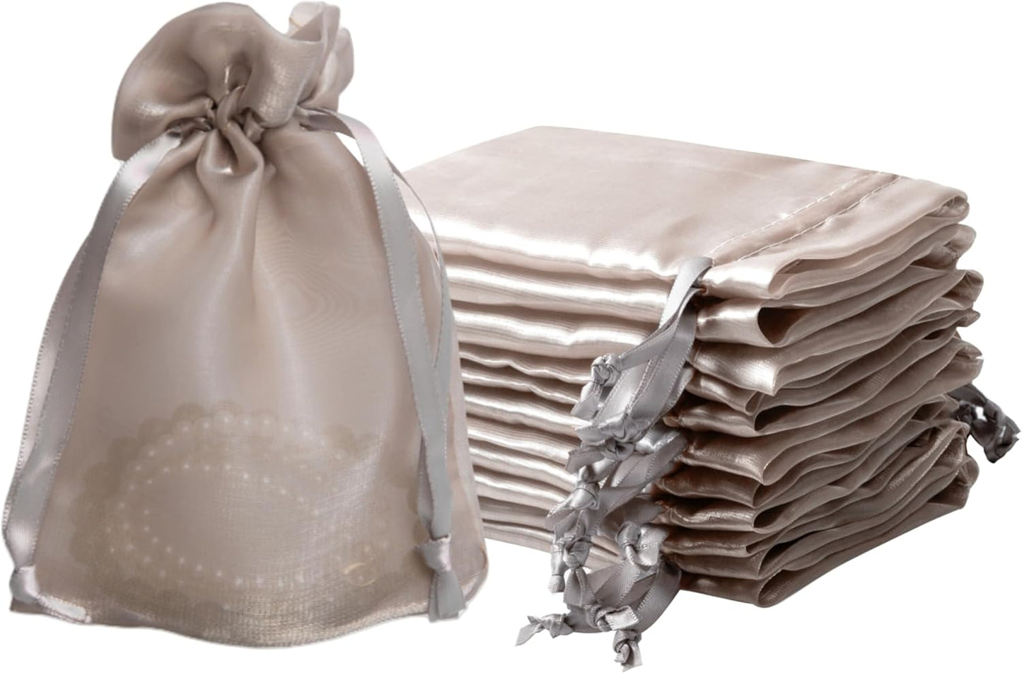 QIANF 20 Pcs Champagne Small Organza Bags 4X6 inch for Wedding Favors with Drawstring, Mini Mesh Gift Bags Jewelry Pouch for Candy Bridal Shower Party Favor Baby Shower Christmas