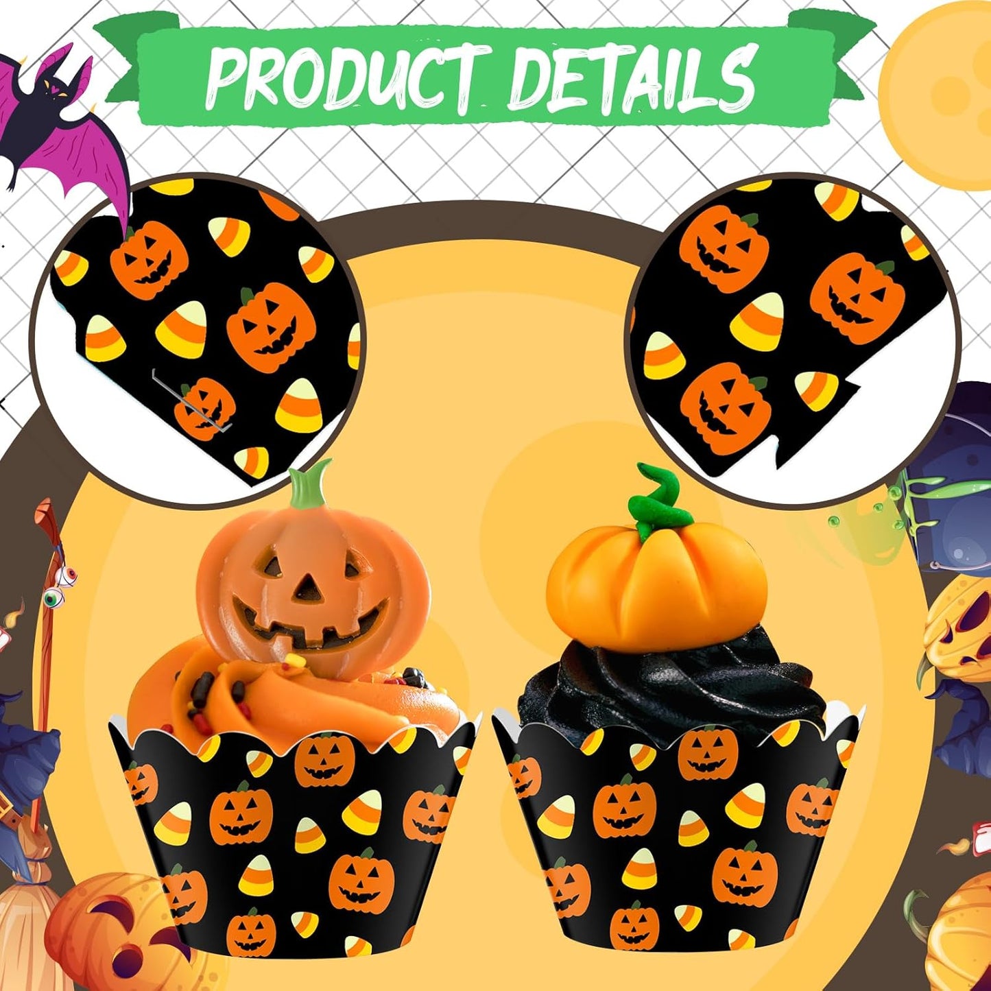 Domensi 100 Pcs Halloween Pumpkin Cupcake Wrappers Rustic Cupcake Liners Pumpkin Candy Corn Baking Cups Baking Liners for Wedding Bridal Baby Shower Birthday Halloween Party Supplies Dessert Decors