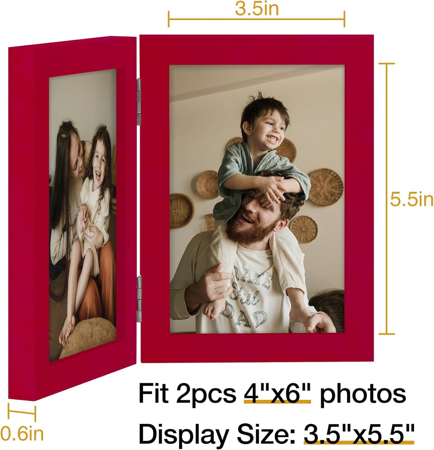 decorUhome Double 4x6 Picture Frame Vertical, Engineered Wood Bifold Photo Frame with Plexiglass for Tabletop Display, 4x6, Red
