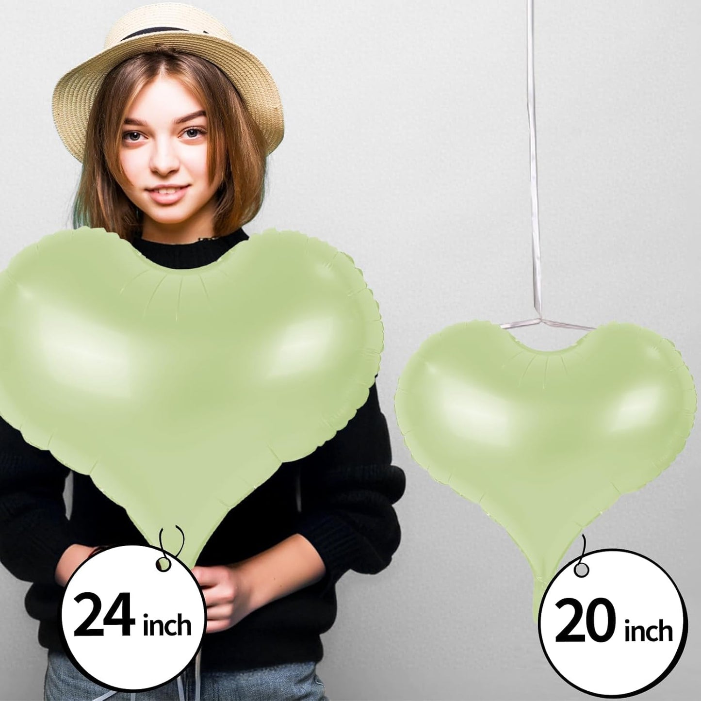 24 Inch Green and White Heart Balloons, Light Green Heart Shaped Foil Balloons, Cream White Helium Balloon for Boho Jungle Wedding Valentines Day Bridal Shower Anniversary Wedding Birthday Decorations