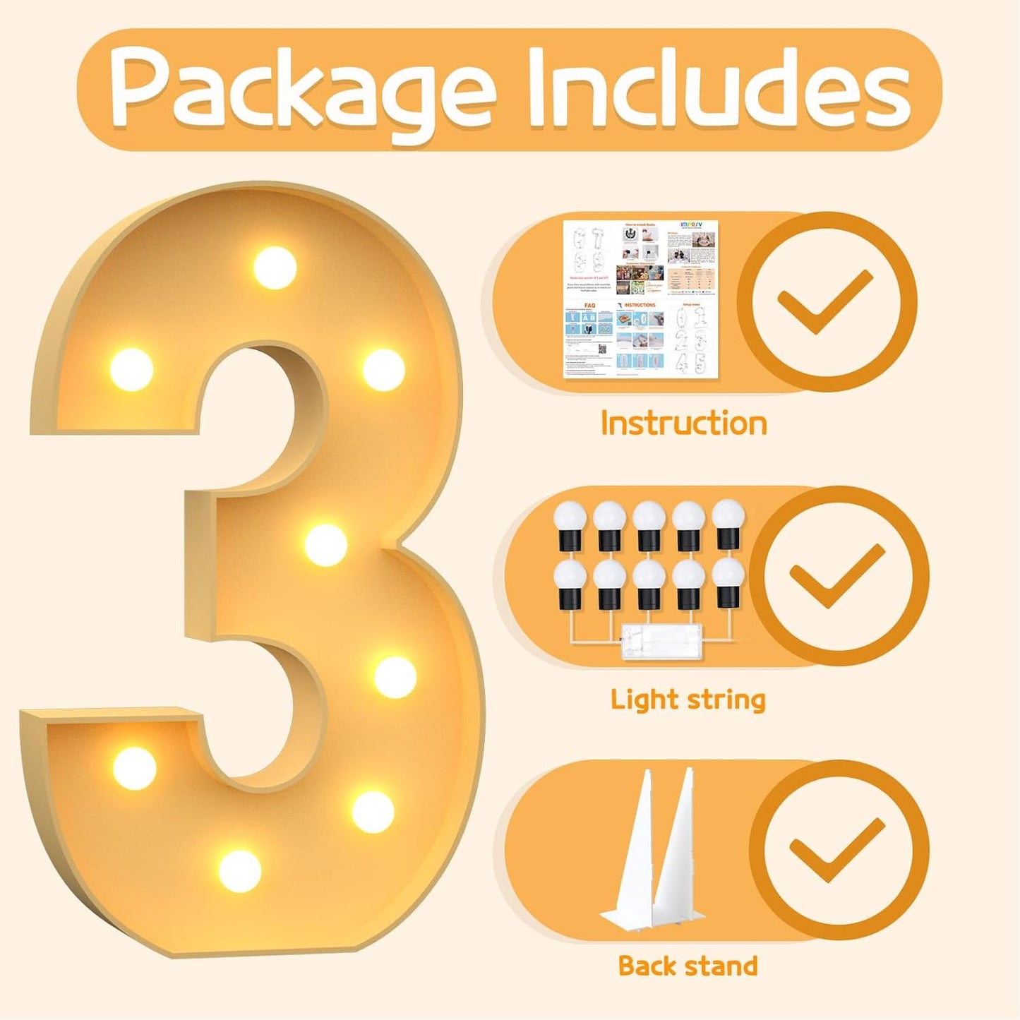 Marquee Numbers 3 Feet Tall Large Light Up Numbers 3th 13th 30th Three RexBirthday Decorations Girl Boy Big Yellow Light Outdoor Anniversary Decorations Balloon Arch Kit Party Backdrop 3