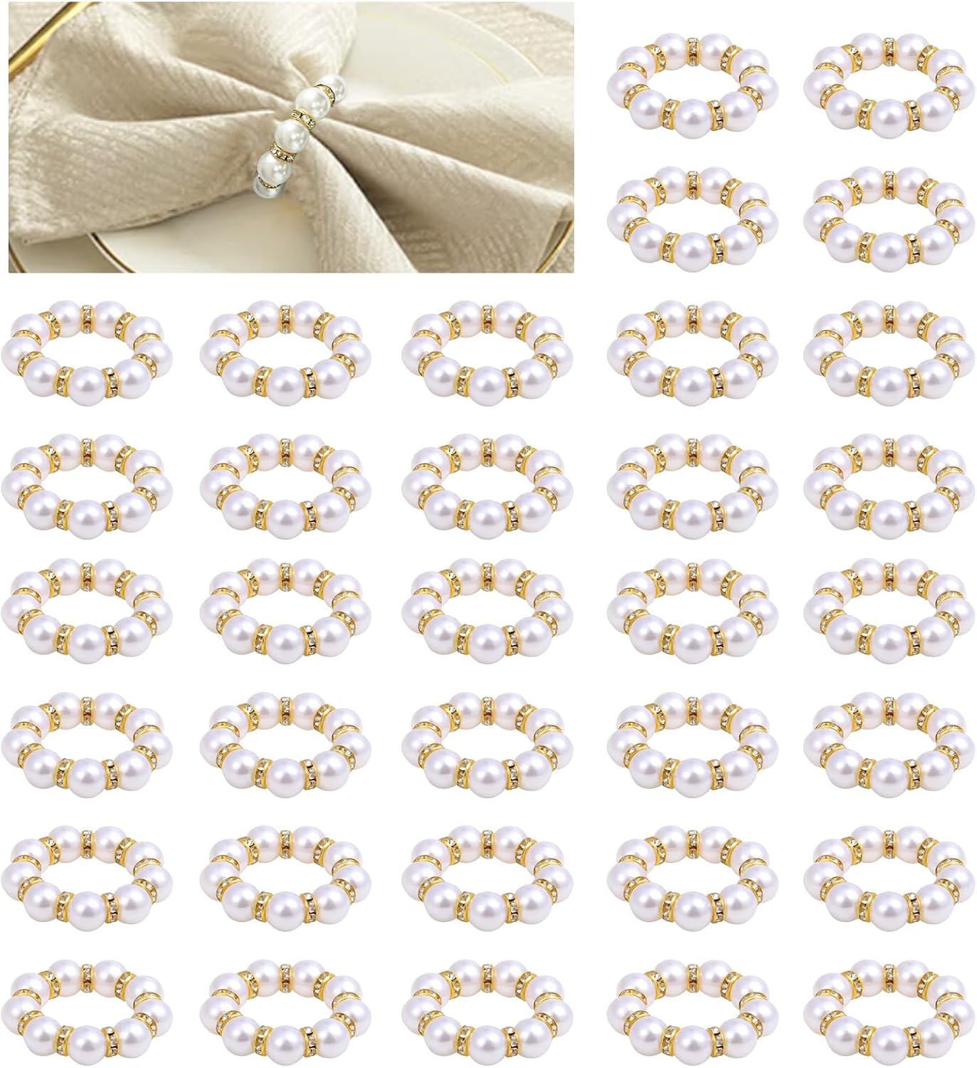 100 Pcs Gold Disposable Napkin Rings, Delicate Pearl Napkin Ring Holder, White & Golden Beaded Serviette Buckles for Formal Wedding Dinner Home Decor Party Supplies