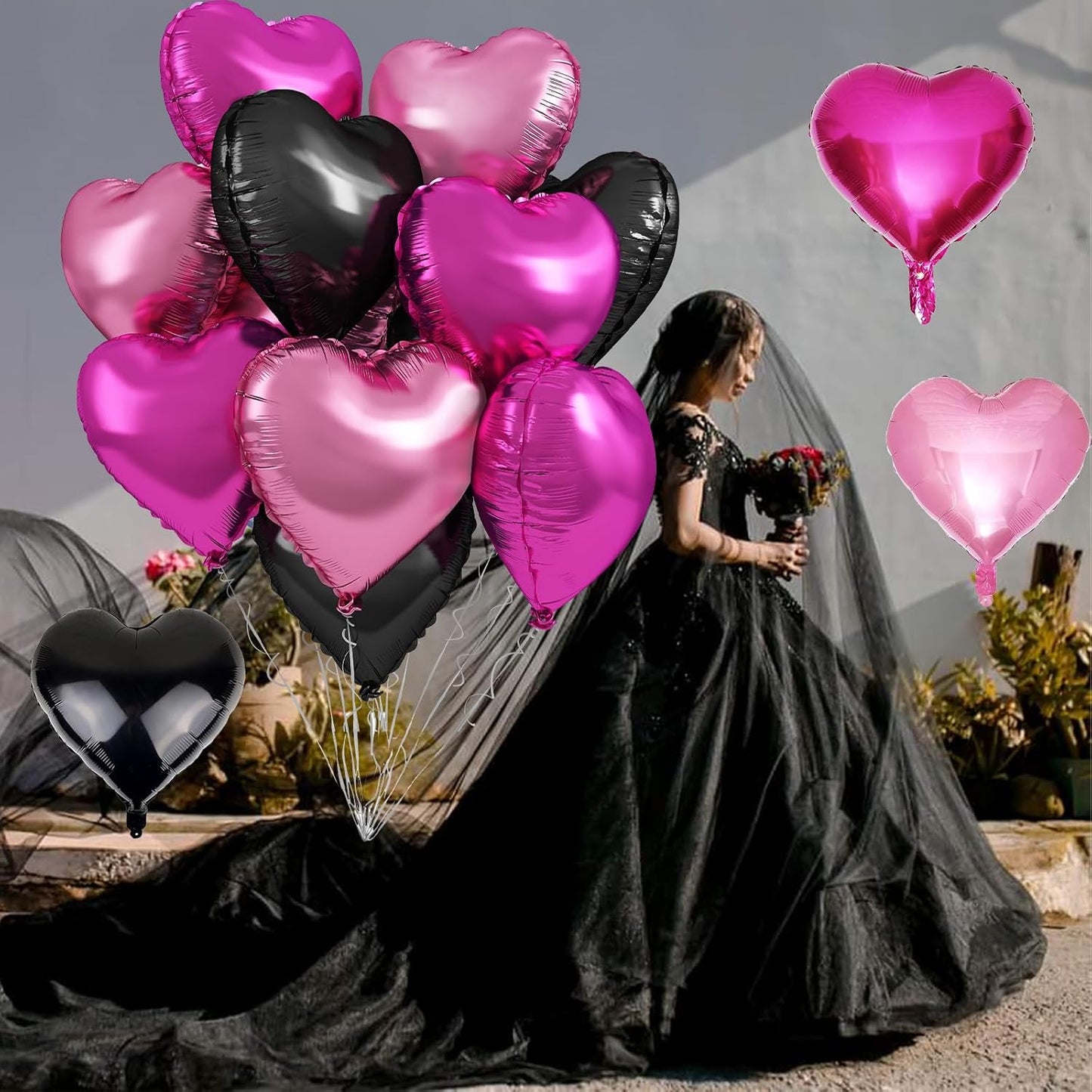 Pink Black Heart Foil Balloons, 12Pcs 18 Inch Hot Pink and Black Heart Shaped Foil Helium Balloon Party Decorations for Girls Women Princess Birthday Baby Shower Bridal Wedding Bachelorette
