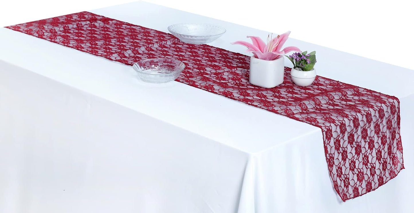 MDS Pack of 25 Wedding 12 x 108 inches Lace Table Runner for Wedding, Decorations for Birthday Parties, Banquets, Graduations, Engagements, and Runners fit Rectangle, Round Table- Maroon