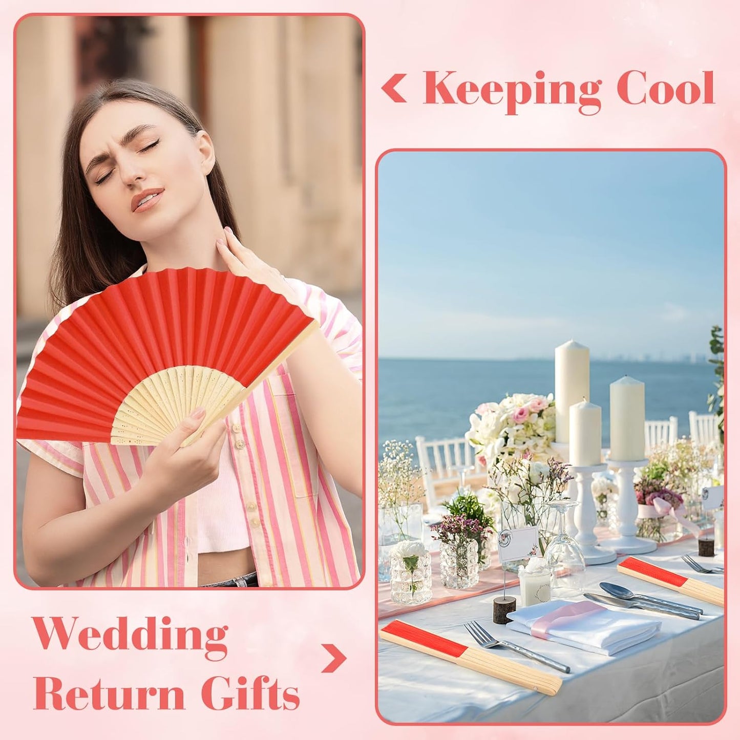 12 Pieces Red Hand Held Bamboo Folding Fans Paper Fans Handheld for Women Foldable Girls Wedding DIY Decoration Church Home Party Favors Summer