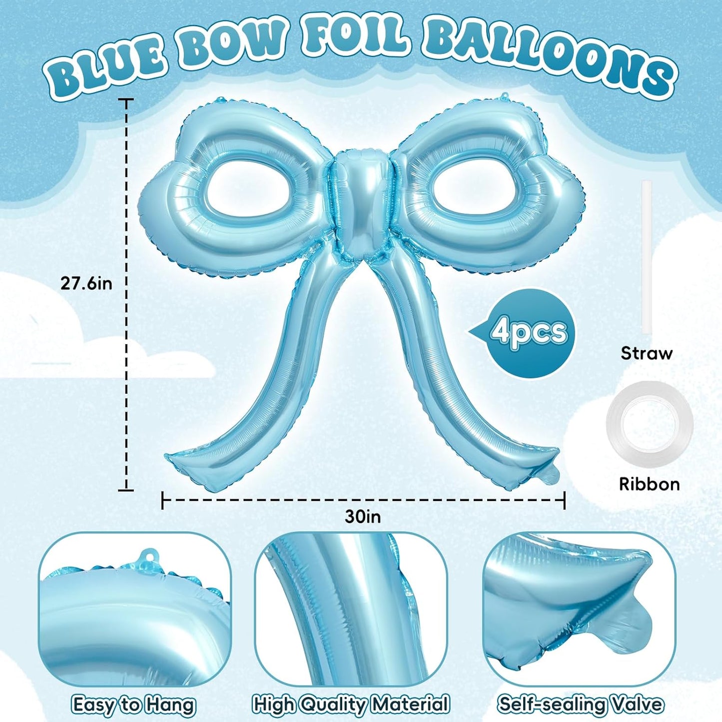 4 Pcs Blue Bow Balloons Bow Birthday Party Decorations for Girl Women Bow Decor Blue Birthday Decorations Giant Light Blue Balloons for Baby Shower Bridal Bachelorette Party Supplies