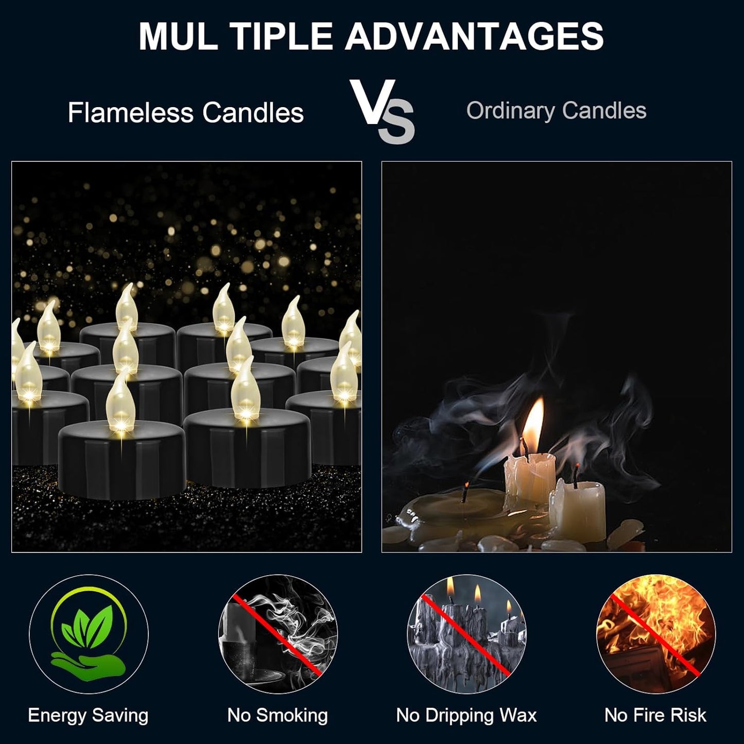 Battery Operated LED Tea Lights: 24PACK Flameless Votive Candles Lamp Realistic and Bright Flickering Holiday Gift Long Lasting 200Hours for Seasonal & Festival Celebration Black