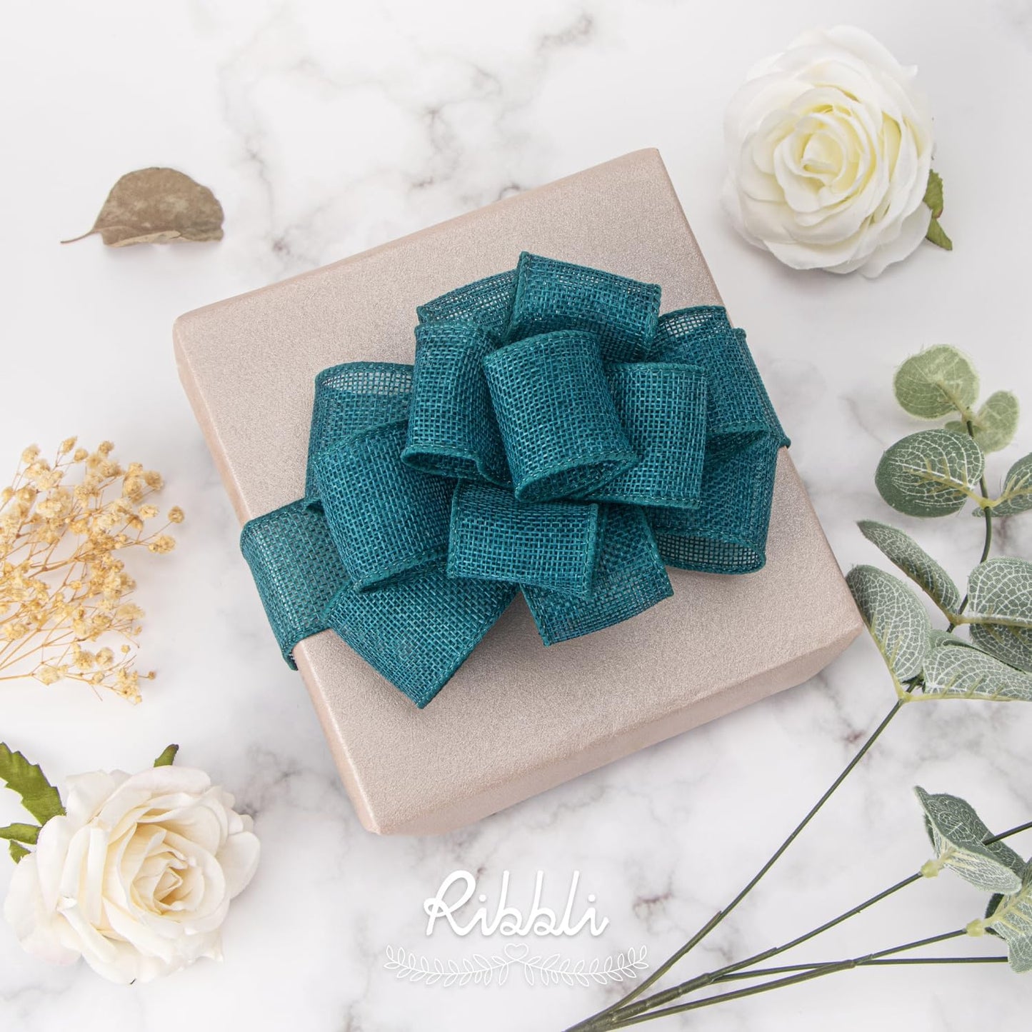 Ribbli Turquoise Green/Teal Burlap Wired Ribbon,1-1/2 Inch x 10 Yard, Wired Edge Ribbon for Big Bow,Wreath,Tree Decoration,Outdoor Decoration