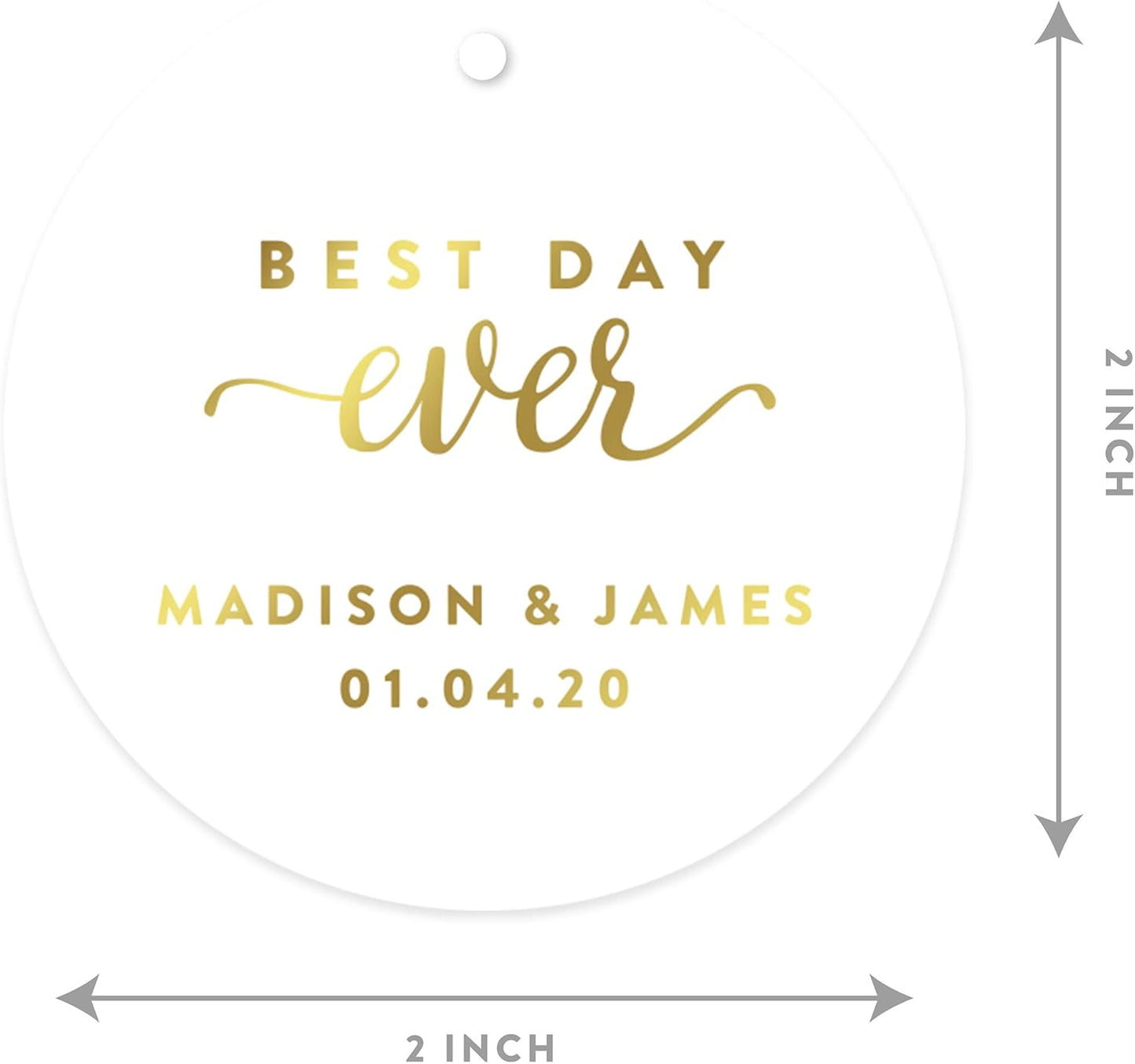 Andaz Press Personalized Round Circle Wedding Gift Tags, Metallic Gold Ink, Best Day Ever, 24-Pack, Custom Made Any Name
