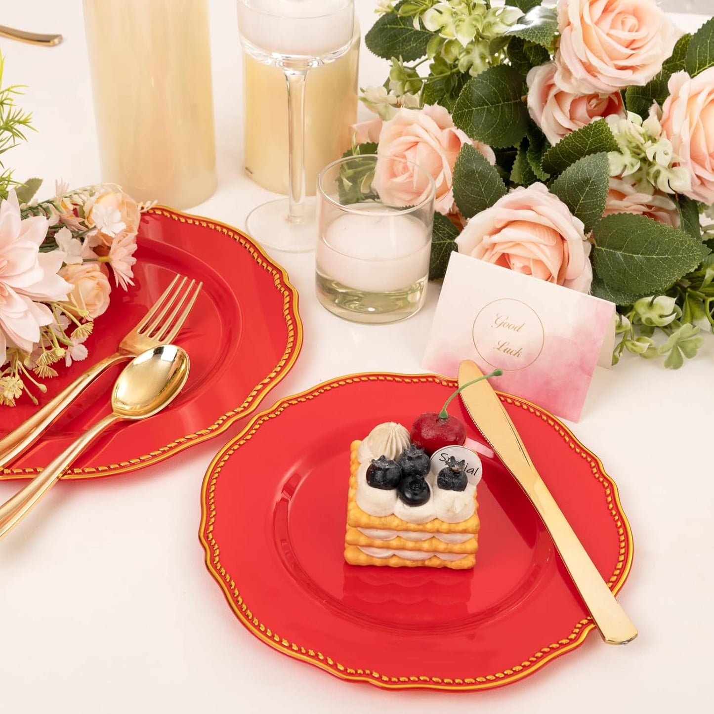 Hioasis 60pcs Red Plastic Plates - Red and Gold Disposable Dinnerware with Gold Rim, Heavy-duty, 7.5 inch, Dessert Plates for Party & Wedding