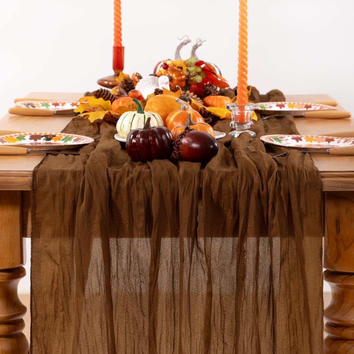 Brown Cheesecloth Table Runner Tan Fall Table Runner Boho Gauze 120 Inches Marron Cheese Cloth Fall Table Decorations for Thanksgiving Wedding Bridal Baby Shower Tea Party Decor