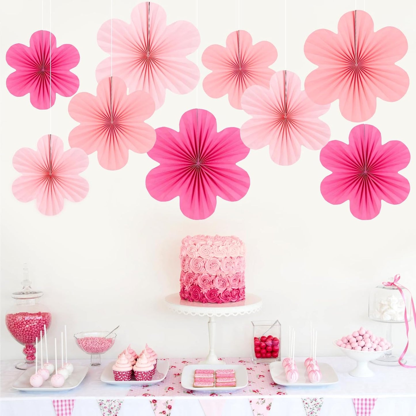 Easy Joy Hot Pink Paper Flowers Decorations for Wall Pink Paper Fans Classroom Decoration Paper Floral Backdrop Decor Paper Fans Decoration Hanging Paper Fans Pink Flower Wall Decor, Set of 9