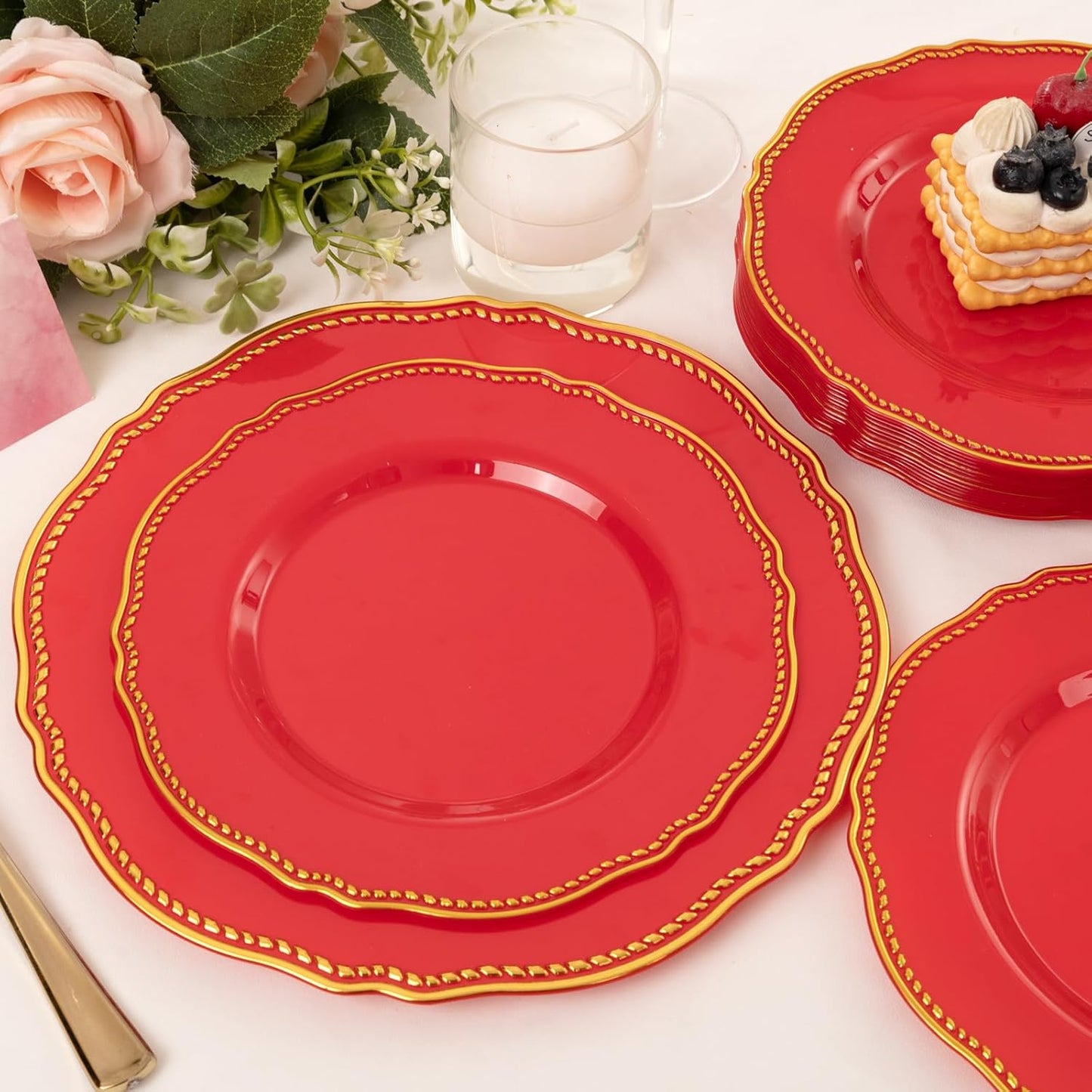 Hioasis 60pcs Red Plastic Plates - Red and Gold Disposable Dinnerware with Gold Rim, Heavy-duty, 10.25 inch, Dinner Plates for Party & Wedding