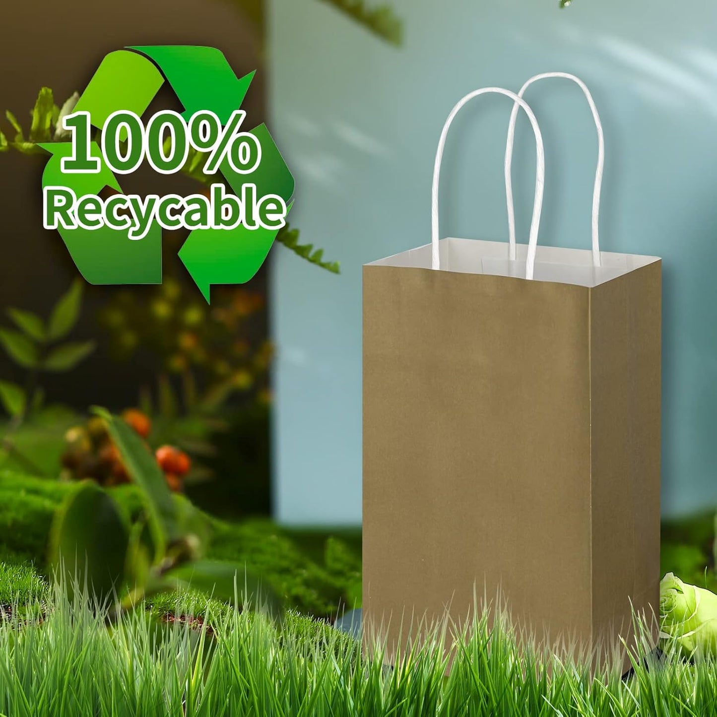 Toovip 50 Pack 5.25x3.25x8.25 Inch Small Gold Kraft Paper Bags with Handles Bulk, Gift Wrap Bags for Favor Grocery Retail Party Birthday Shopping Business Goody Craft Merchandise Take Out Cub Sacks