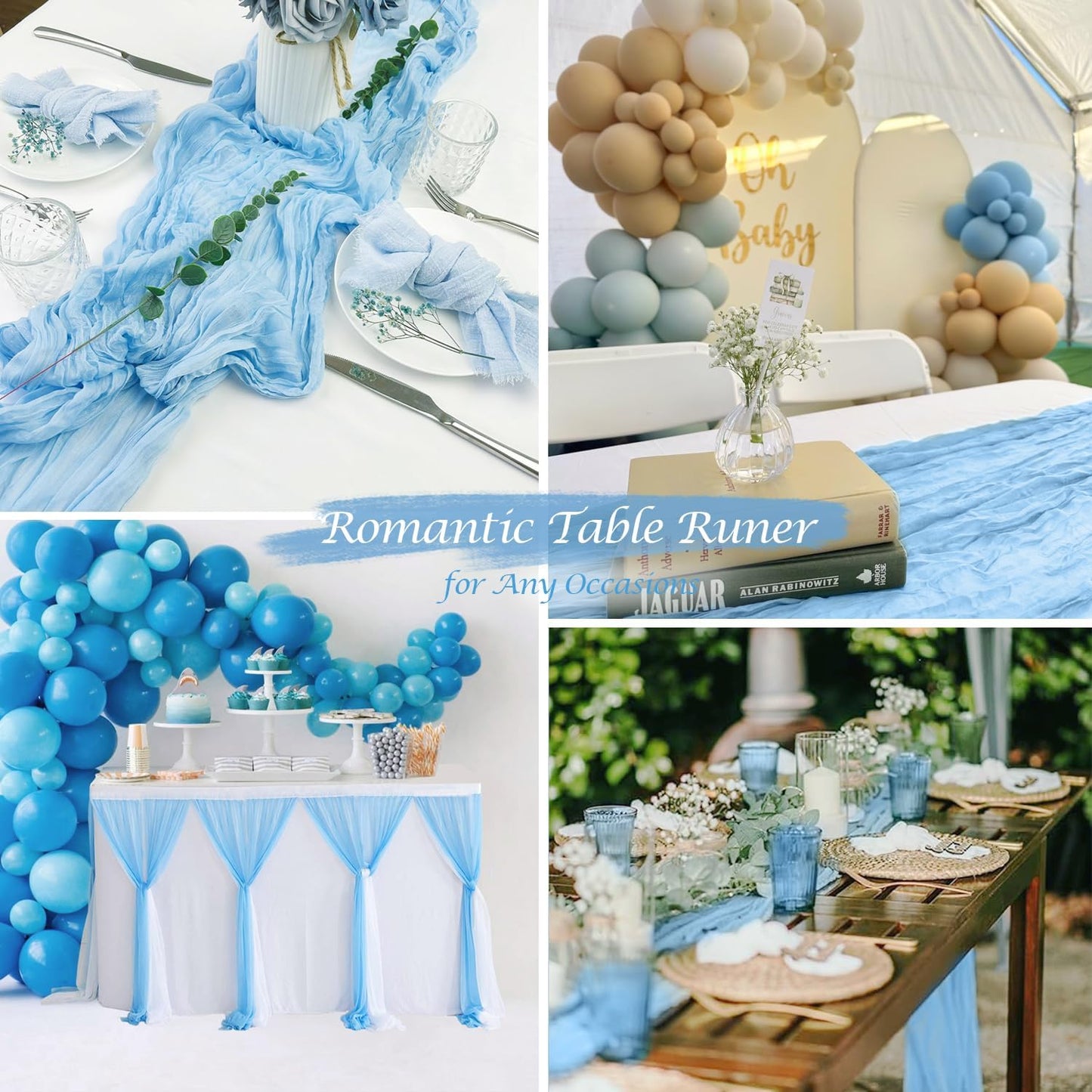 3 Pack Baby Blue Table Runner Boho Gauze Cheesecloth Table Runner 120 Inches Long Light Blue Cheese Cloth Runner for Wedding Bridal Baby Shower Birthday Party Easter Decor