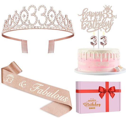 33 Birthday Decorations for Women Including Birthday Sash, Tiara/Crown, Numeral Candles and Cake Topper, 33 Year Old Gifts for Women, Rose Gold Party Decor Supplies