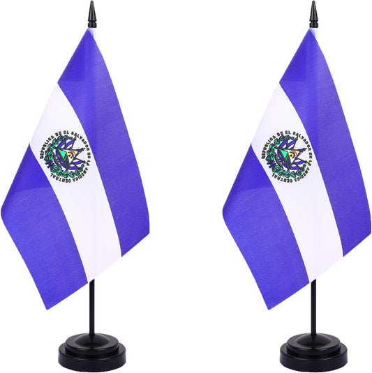 WXTWK 2 Pack Salvador Flag Salvador Deluxe Desk Flag Set - Mini Small El Salvador Table Office Flags with Black 12" Solid Pole Stand Base Classroom Meeting Desktop Decorations