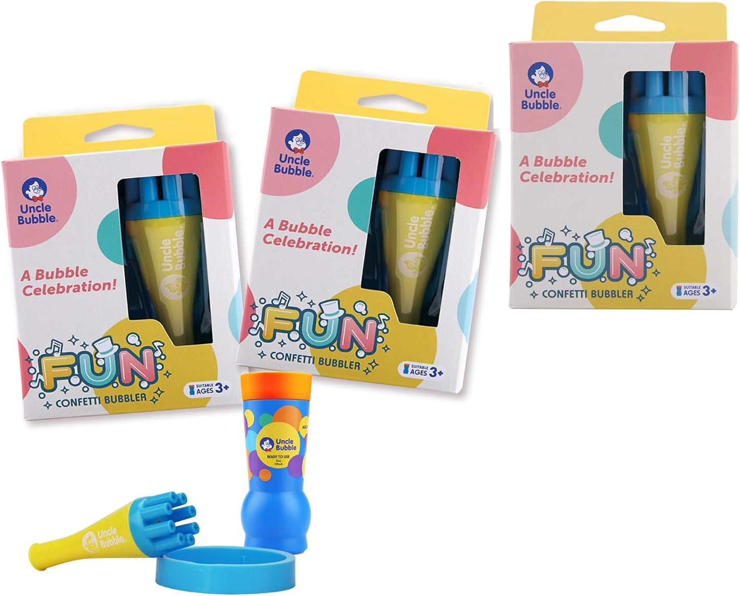 Uncle Bubble Mini Bubble Blower - Family Pack of 3 Confetti Bubbler, Fun Summer Toys for Toddler, Girls and Boys, Blow Thousands of Mini Bubbles in One Breath
