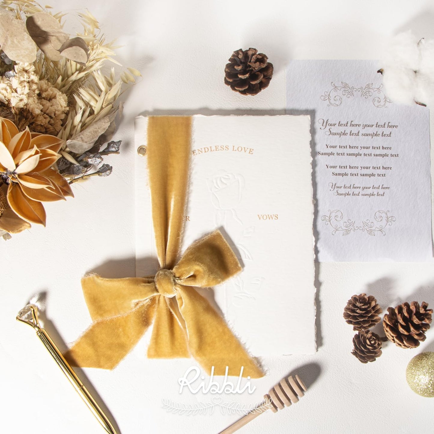 Ribbli Champagne Gold Velvet Ribbon 1.5 Inch Handmade Frayed Vintage Christmas Ribbon for Gift Wrapping Christmas Tree Ornament Wreath Craft Home Decor -Total 3 Yards with Wooden Spool