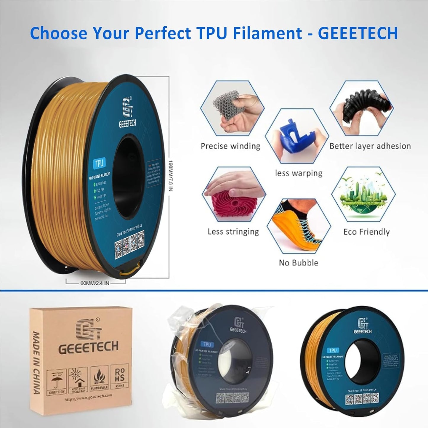 Geeetech TPU Filament 1.75mm, Shore 95A – Flexible 3D Printer Filament with High Elasticity, 1KG (2.2lbs) Spool, Dimensional Accuracy ±0.03mm, Fits Most FDM Printers (Gold)