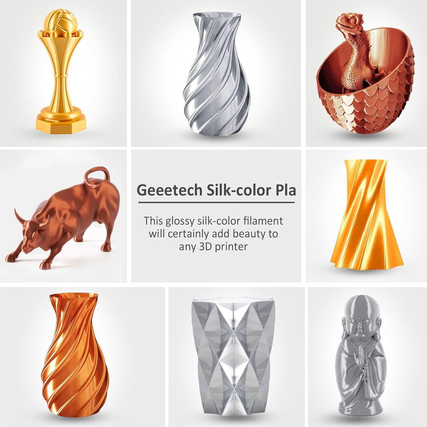 Geeetech Silk PLA Filament 1.75mm for 3D Printer, Metal-Like Shiny 3D Filament 1kg (2.2lbs) 1 Spool, Dimensional Accuracy +/- 0.02 mm, Metallic Copper Silk Filament