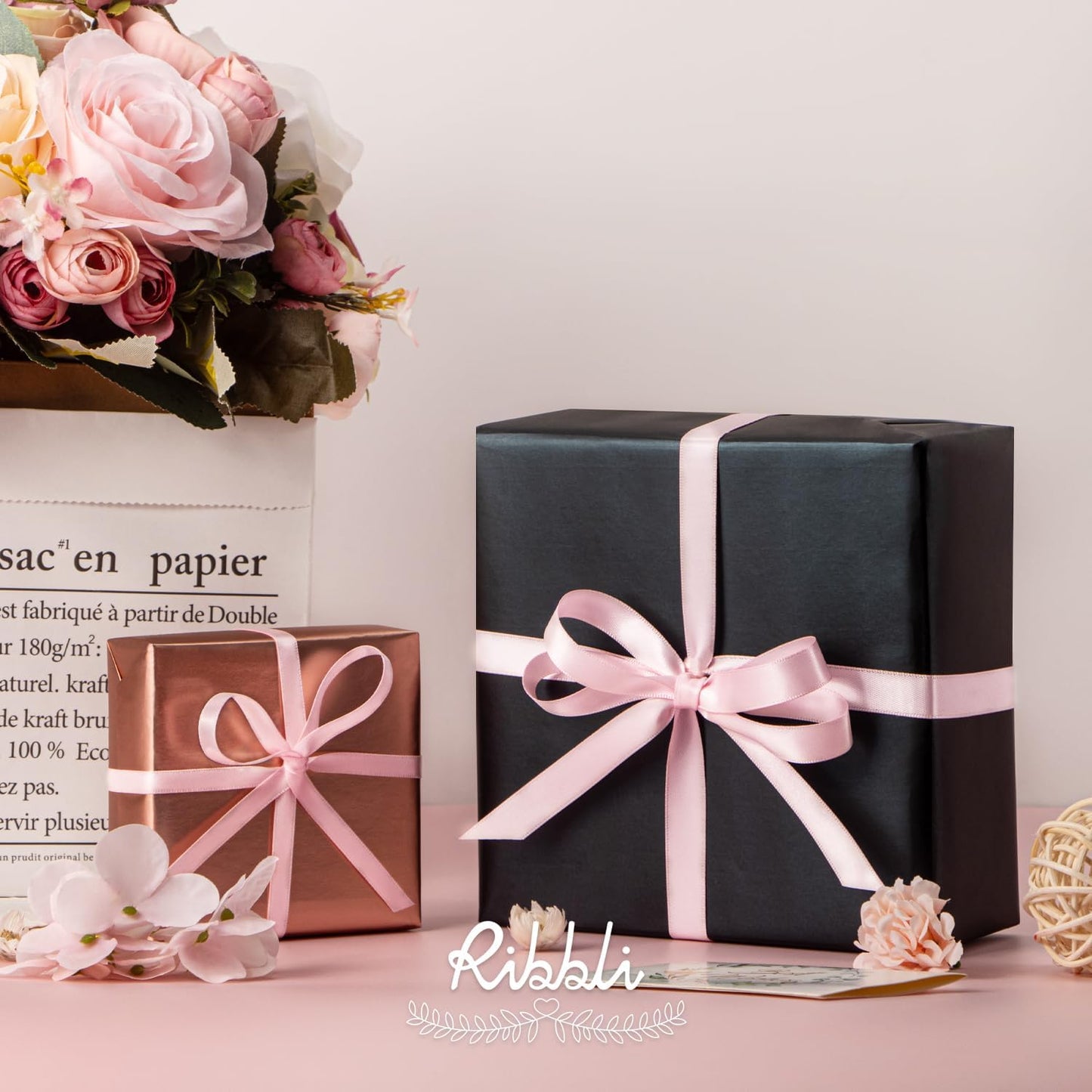 Ribbli Light Pink Satin Ribbon Double Faced Satin 1/4 Inch x Continuous 100 Yards-Baby Pink Ribbon for Gift Wrapping Crafts Wedding Decoration Bows Bouquet Floral Arrangement