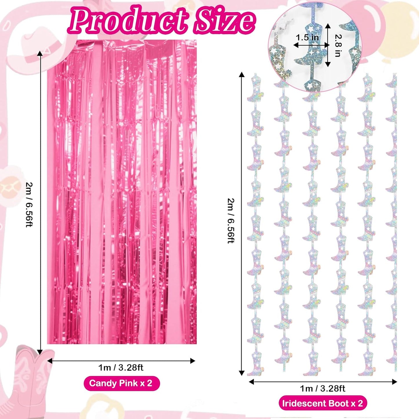 4 Pcs Cowgirl Party Decorations - 2 Boot Silver Metallic Tinsel Fringe Curtains & 2 Candy Pink Backdrops for Birthday Supplies Last Rodeo Bachelorette Wedding Disco Decor