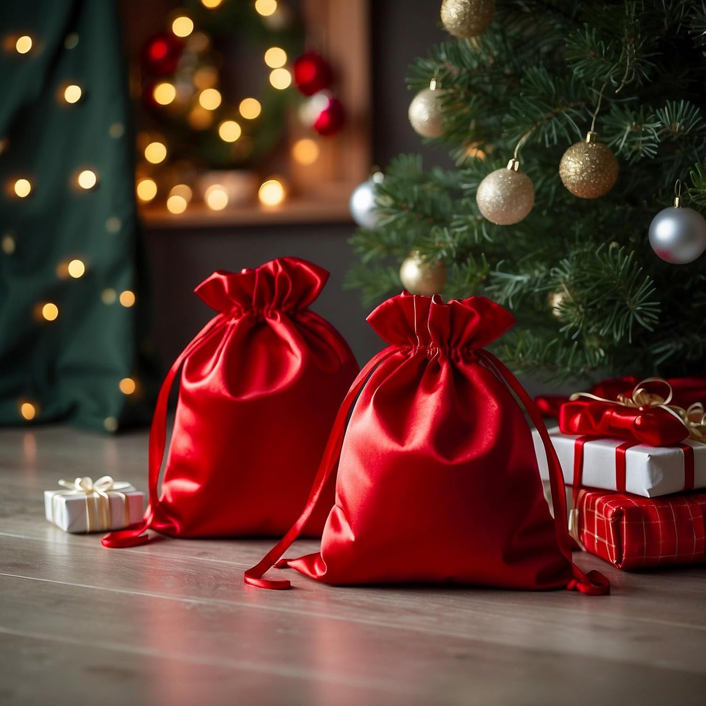 4" x 6" Red Satin Gift Bags - Jewelry, Wedding Favor Drawstring Pouches for Baby Shower, Christmas - 50 Pack