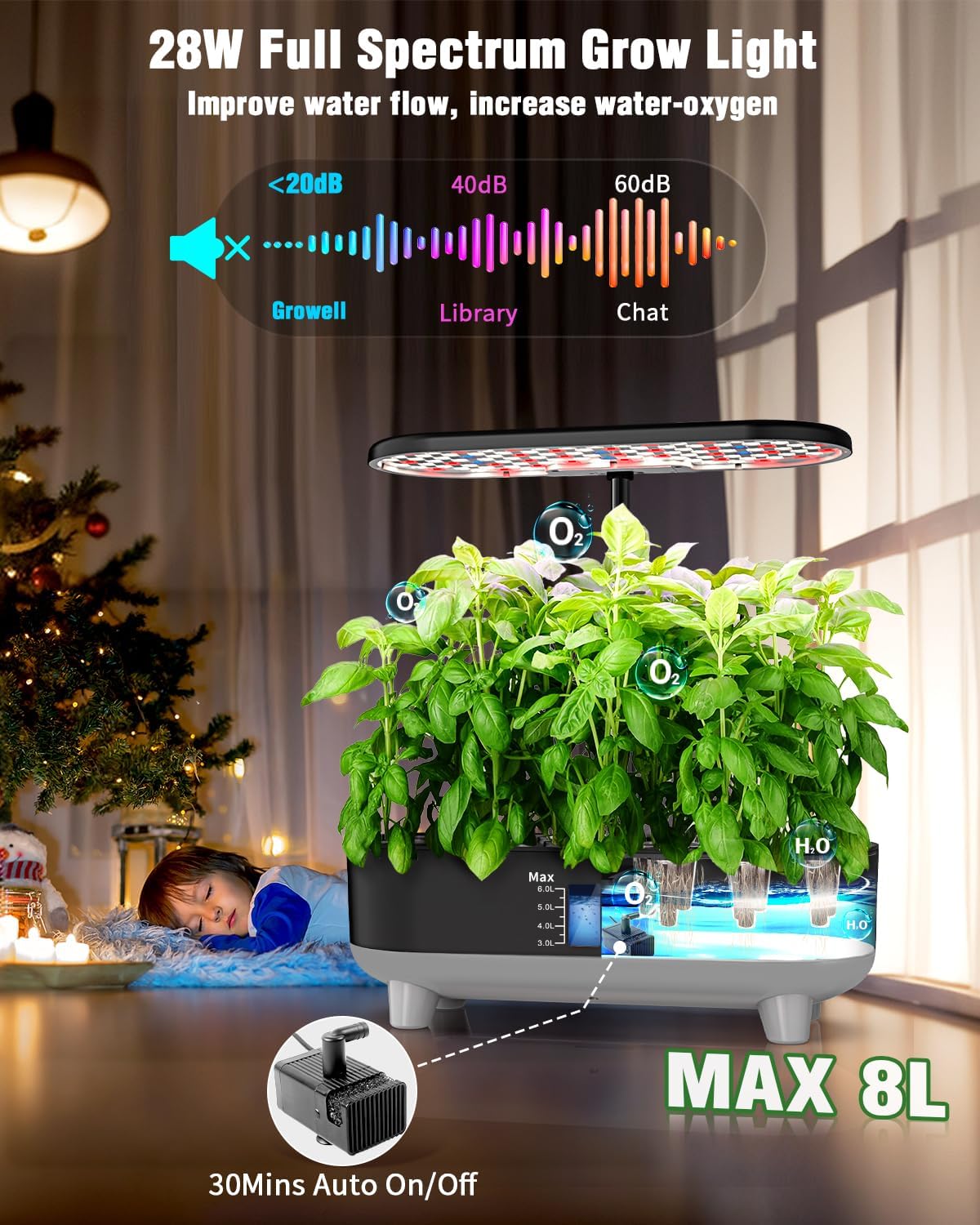 Hydroponics Growing System Kit, 16 Pods Indoor Garden with 28W Full Spectrum LED Grow Light, Auto Timer, 3 Smart Light Modes, 8L Large Herb Garden, Ideal Gardening Gift for Women, Men (Black)