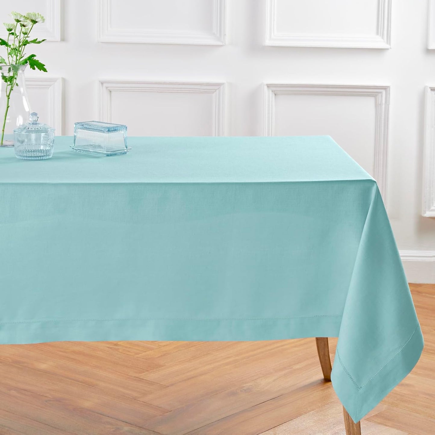 Solino Home Linen Tablecloth for Rectangle Tables 60 x 120 Inch - Classic Hemstitch 100% Pure Linen Aqua Blue Table Cloth - Machine Washable Cloth Tablecloth for Christmas, Holiday