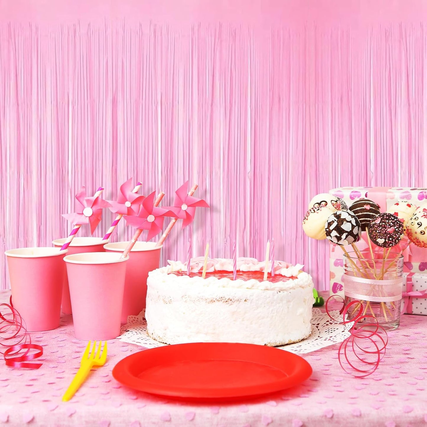 10 Pack Pink Foil Curtain Backdrop 3.2ft x 8.2ft Macaron Tinsel Foil Fringe Curtains Streamer Photo Booth Backdrop for Birthday Party Baby Shower Engagement Wedding Holiday Decoration (Macaron Pink)