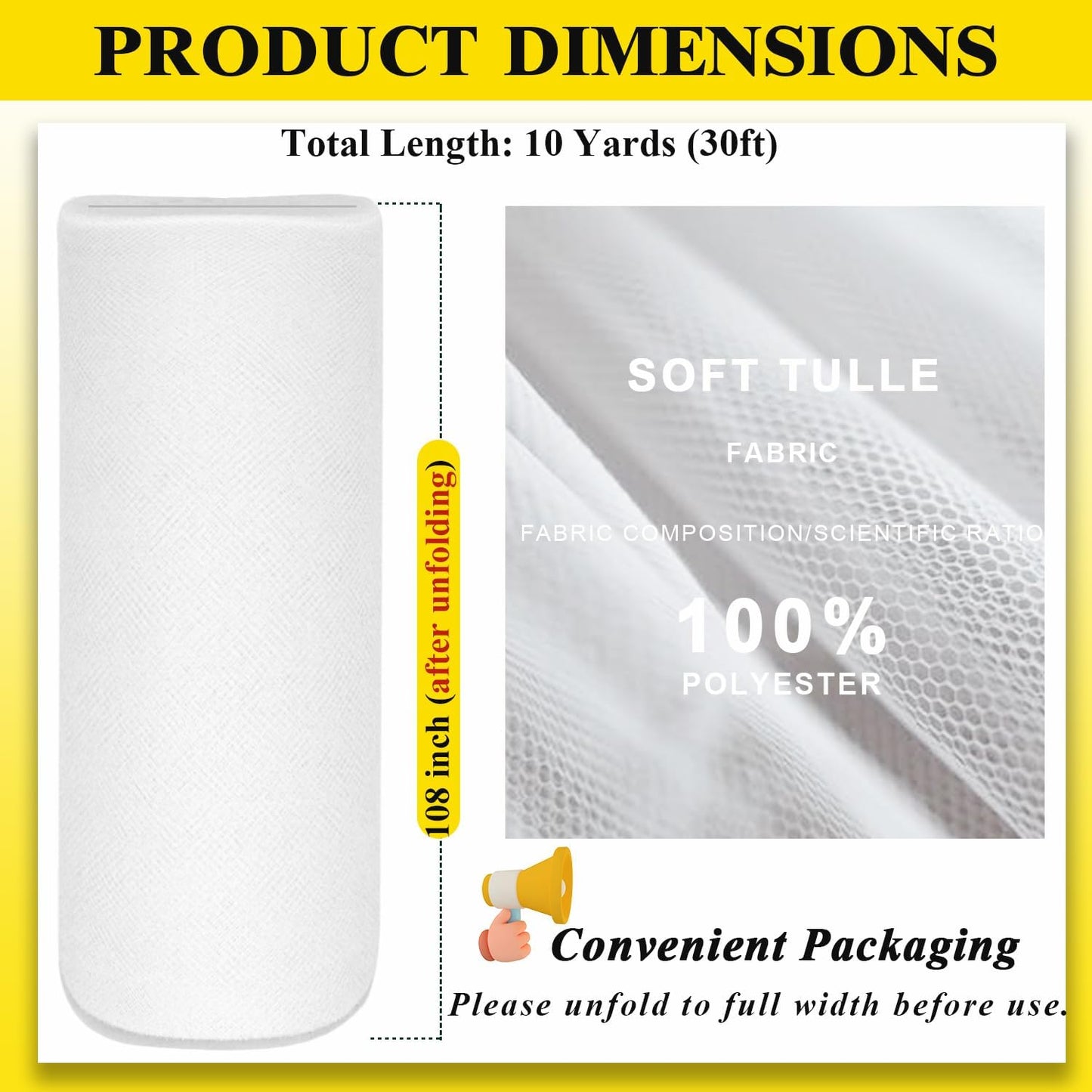 108" White Tulle Fabric Roll, Extra Large Matte Tulle Netting Bolt for Wedding Ceiling Drapes Arch Banquet Party Decorations Tutu Skirt Baby Shower DIY Crafts Gift Wrapping (10 Yards, White)