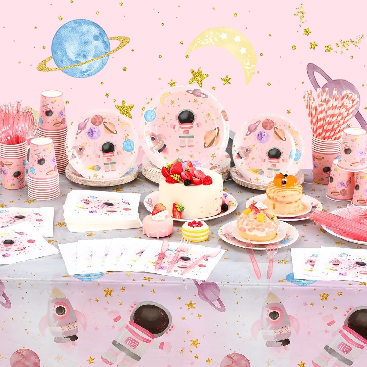 452 Pcs Pink Space Birthday Decorations for 50, Star Astronaut Paper Plates Napkins Cups Moon Tablecloth Cutlery Straws for Solar System Planets Baby Shower Party Supplies Decorations
