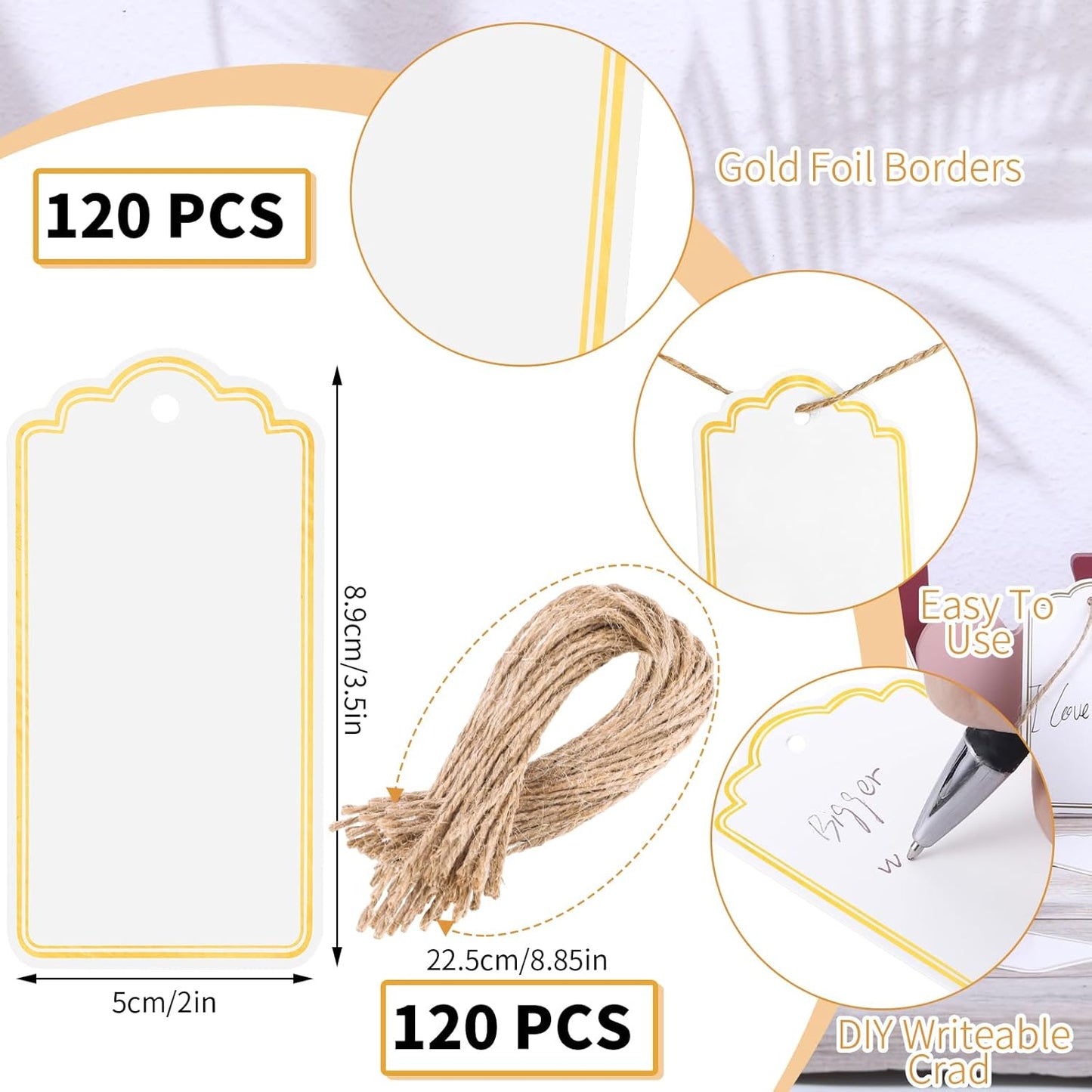 120 PCS Gift Tags with String Gold Foil Metallic Gift Tags Writable Blank Tag for Baby Shower Birthday Wedding Presents Labeling DIY Craft Project Christmas Stocking Stuffers 3.5''×2''