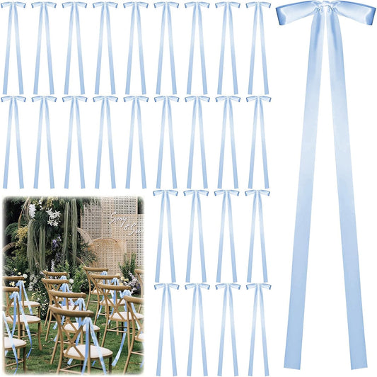24 Pcs Large Wedding Blue Ribbon Bows for Wedding Chairs Decorative Ribbon Sashes for Pew Back Elegant Ceremony Ribbons for Bridal Shower Banquet Marriage Ceremony