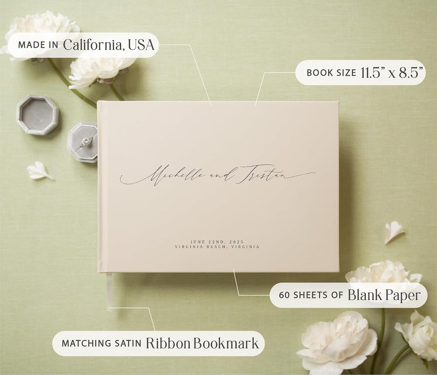 MUUJEE Personalized Guestbook in Oats- Premium Custom Modern Guest Book for Wedding Reception, Birthday Party or Events w/Bookmark Blank Pages for Signing 11.5 x 8.5 inches