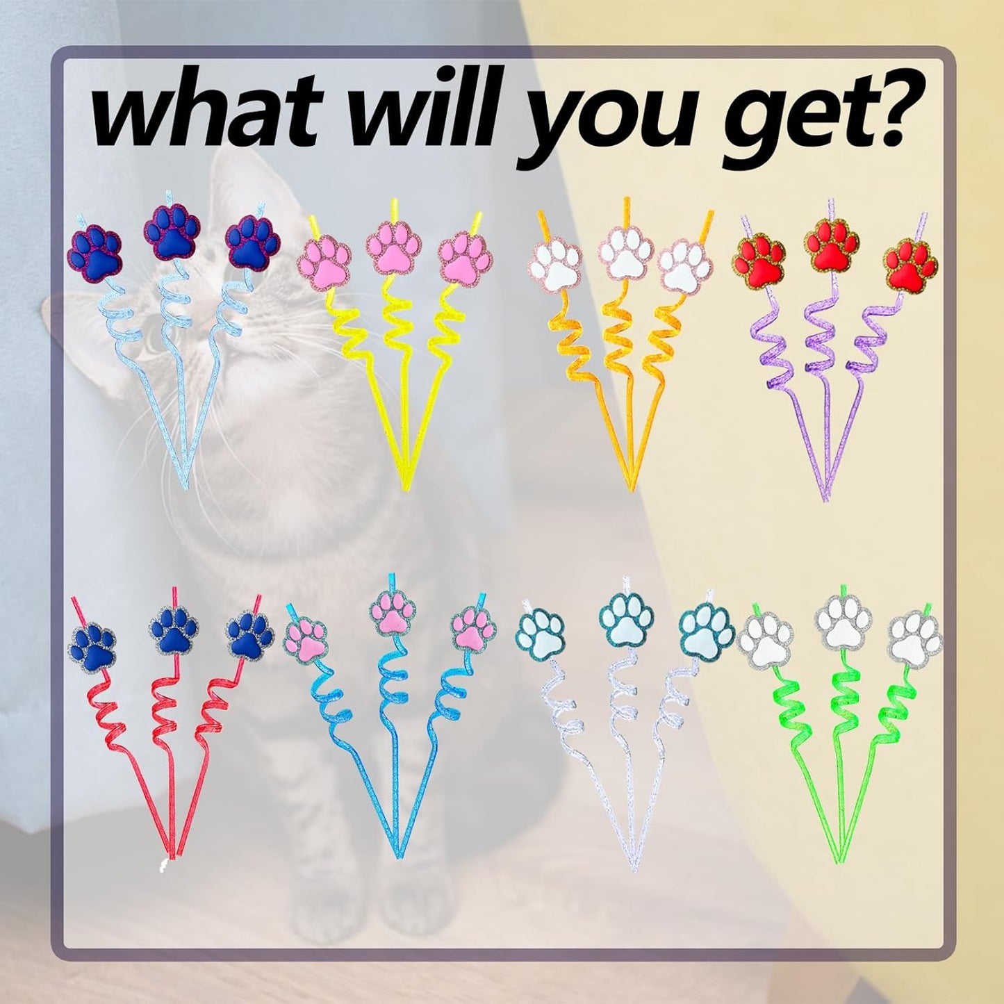 24 Glitter Paw Glitter Straws Birthday Party Decorations With 2pc Cleaning Brush for Pet Dog Puppy Pals Cat Birthday Party Decorations Supply Favors Reusable Straws