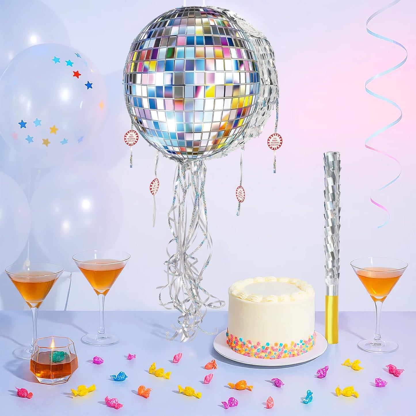 WERNNSAI Disco Ball Piñata - Disco Party Decoration Pull String Mirror Piñata with Bat and Blindfold for Adult Birthday Party Supplies