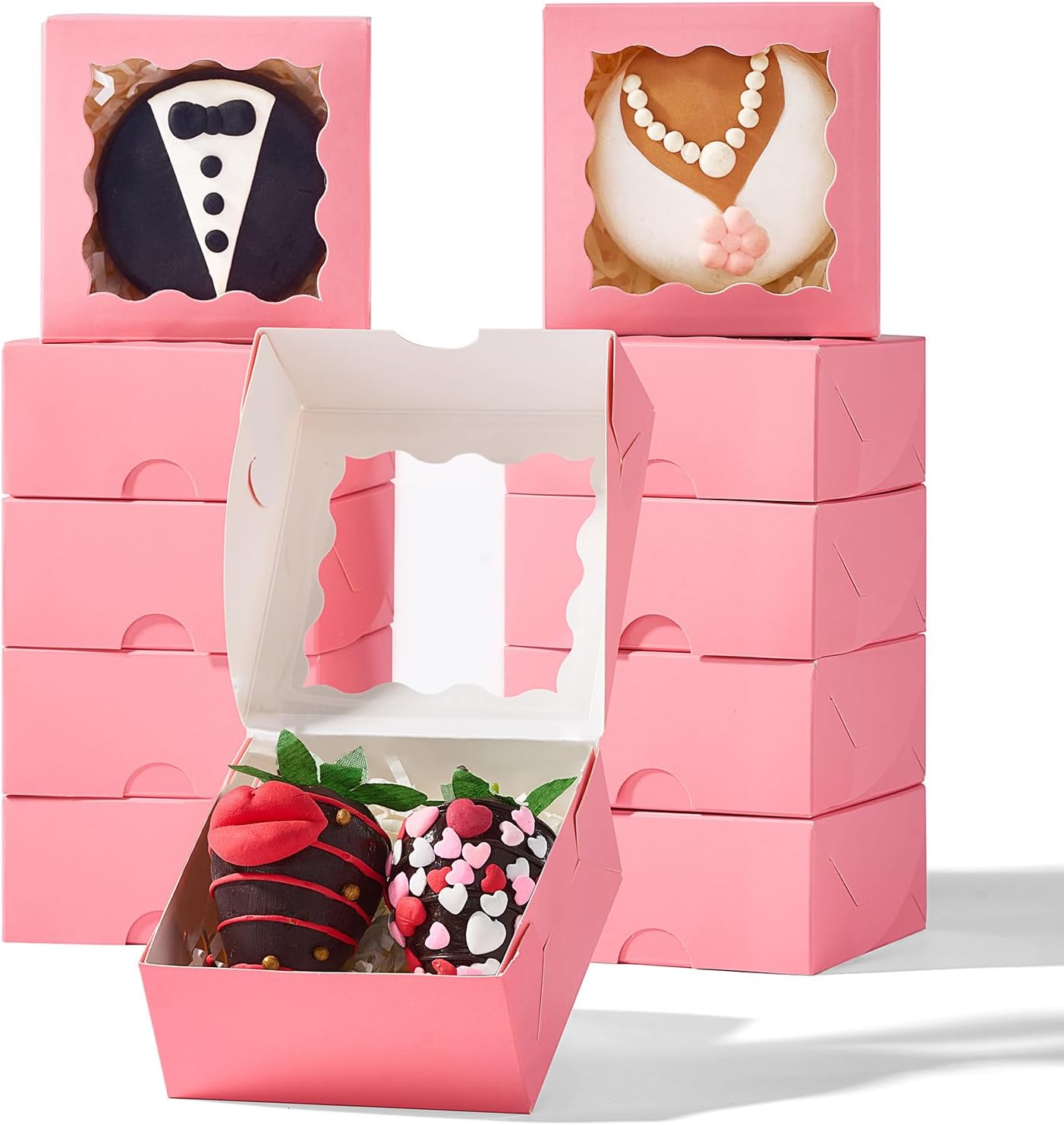 RomanticBaking 3 ¼" x 3 ¼" x 1 ½" 50PCS Chocolate Truffle Boxes for 4，Cookies Boxes Soap Boxes Donut Boxes Macaron Boxes Mini Bakery Boxes with Window Brownie Box