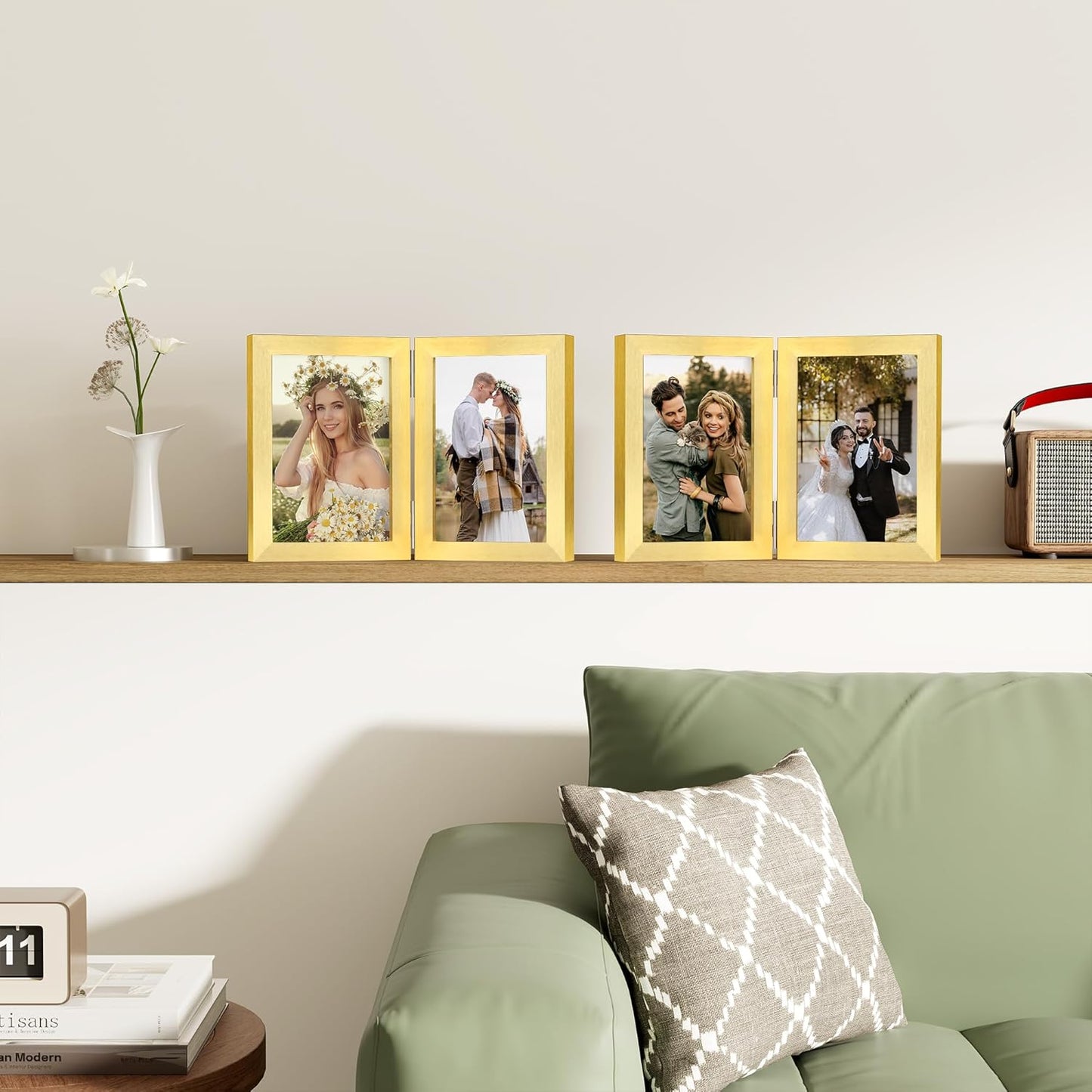 decorUhome Double 5x7 Picture Frame Vertical, Engineered Wood Bifold Photo Frame with Plexiglass for Tabletop Display, 5x7, Gold