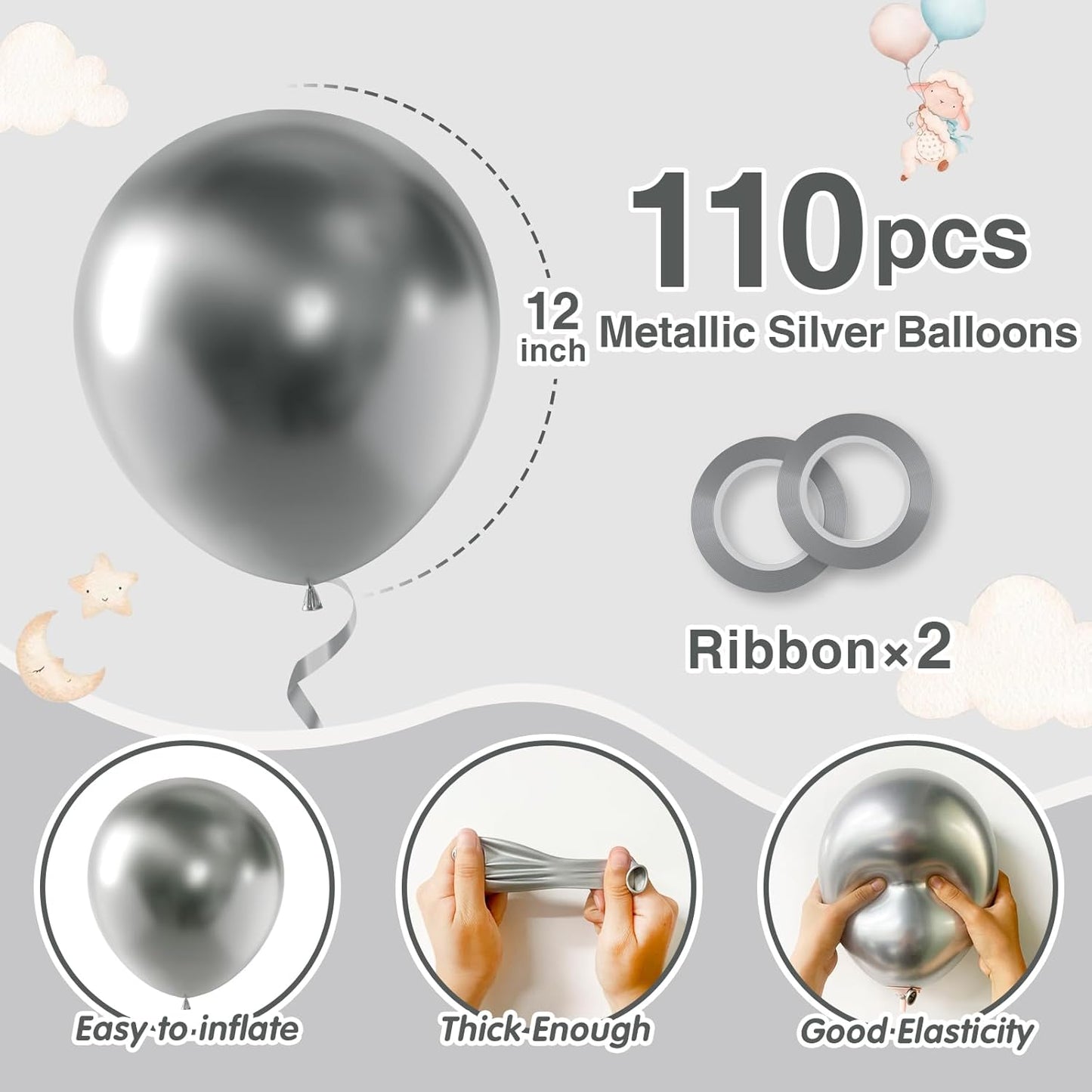 110pcs Metallic Silver Balloons 12 Inch Silver Latex Balloon Garland Arch Kit for Birthday Baby Shower Wedding Anniversary Graduation Party Decorations