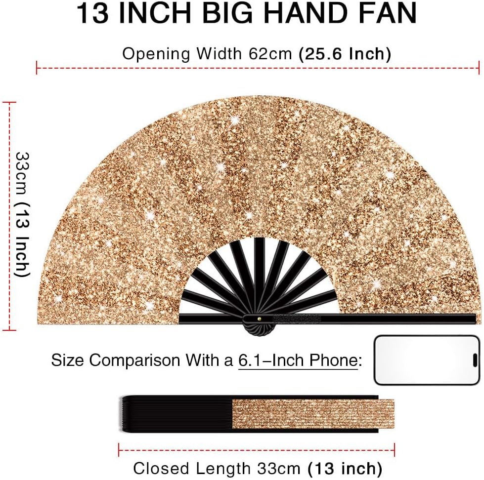 13" Large Folding Rave Fan with Holster, Clack Hand Fans Foldable for Line Dancing, Boots On The Ground Fan for Women Men Festival EDM Party Decoration, Glitter Champagne 2 Pack
