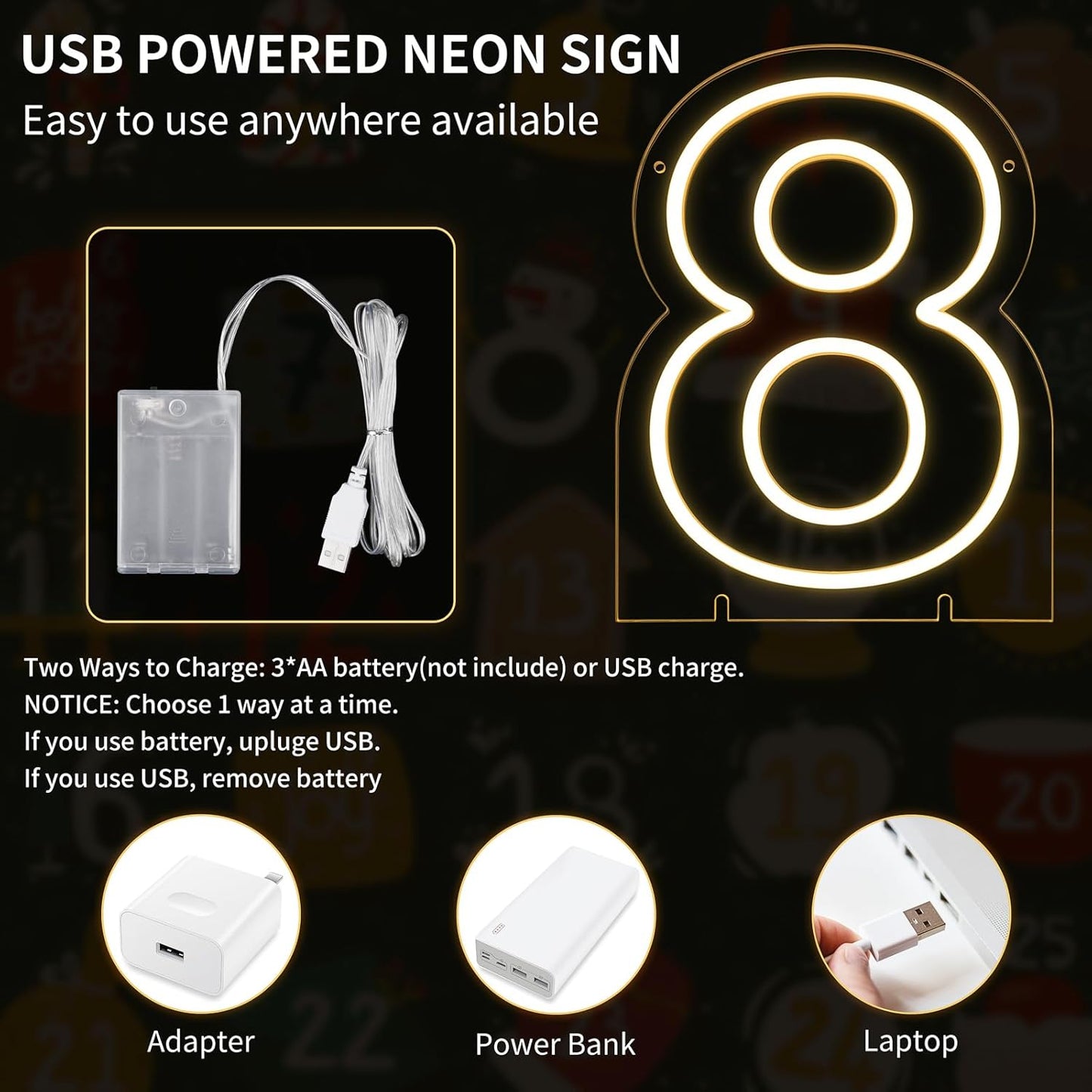 Number 8 LED Neon Sign Backdrop Birthday Party Decoration, 11.3" Height Warm White Marquee Number Eight Light Up Sign for Wedding Anniversary Window Wall Table, Indoor Battery Operated or USB