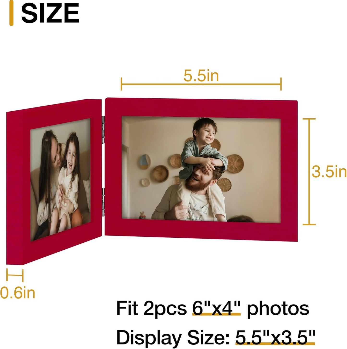 decorUhome Double 6x4 Picture Frame Horizontal, Engineered Wood Bifold Photo Frame with Plexiglass for Tabletop Display, 6x4, Red