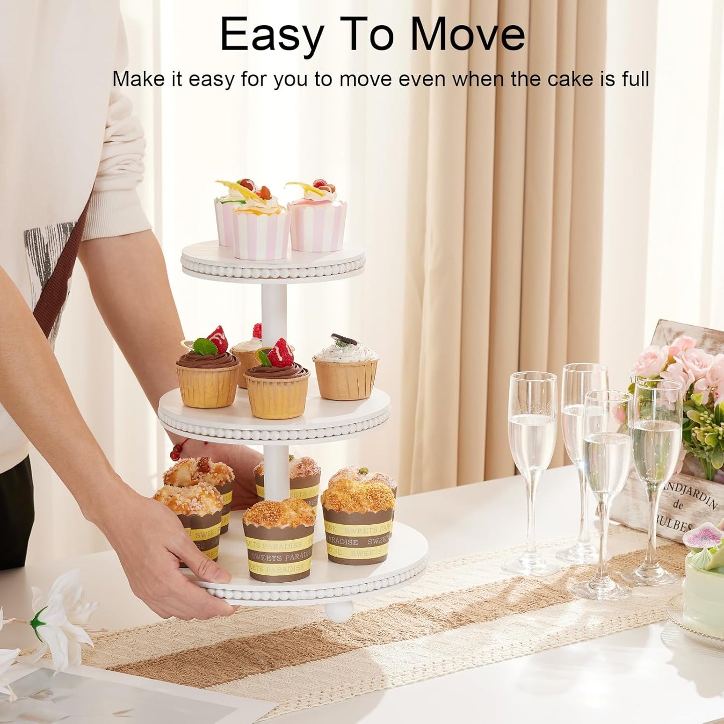 3 Tier Cupcake Stand Round,Wood Cupcake Stand with Beads,Tiered Cake Stand for 24 Cupcakes,Dessert Display Stand,Cupcake Tower for Party, Wedding, Birthday, Home Decor