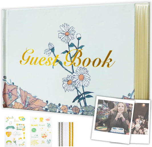 Guest Book for Wedding Reception, Party, Birthday, Polaroid GuestBook Retro Elegant Daisy Guest Sign In Book, Anniversary Sign Book Alternatives, 200 Blank Pages(100 sheets), 8.7"x5.9"