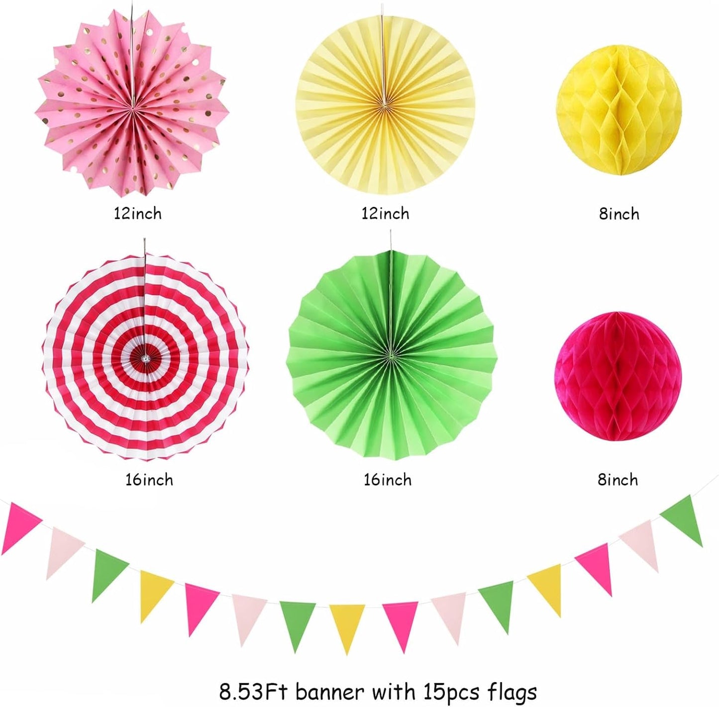 Hawaiian Pink Green-Yellow Party-Decorations - 20pcs Aloha Paper Lanterns Fans,Tissue Pom Poms,Honeycomb Balls,Tropical Pool Jungle Bachelorette Birthday Supplies Summer Beach Burgleda