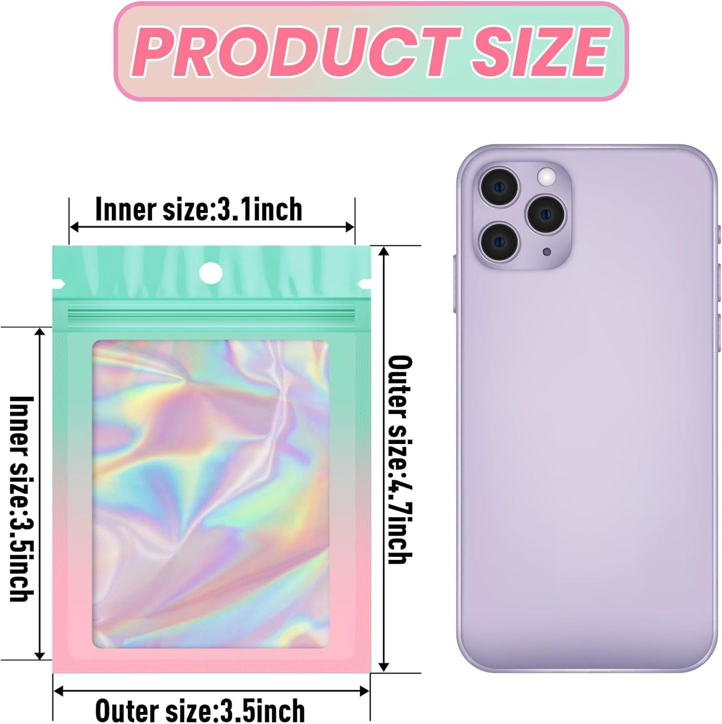 Funfery 100 Pack Gradient Holographic Bags,Mylar Resealable Bags with Zipper,Clear Window Packaging Pouchs,Smell Proof Foil Bag for Food Storage,Sample Jewelry Bag(3.5x4.7In,Green Pink)